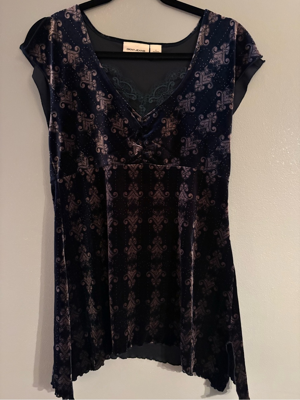 Vintage Y2K DKNY Jeans Navy Velvet Paisley-Print V-Neck Tunic Whimsigoth